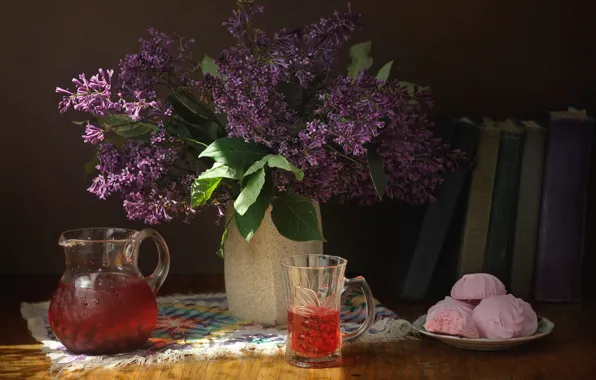 Books, bouquet, lilac, decanter, marshmallows, compote