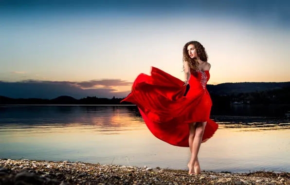 Picture girl, shore, dance, dress, in red, sunset dance