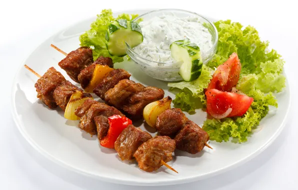 Picture bow, plate, meat, pepper, tomatoes, sauce, kebab, cucumbers