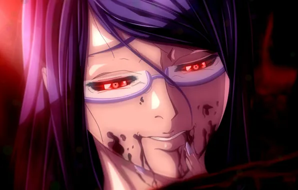 Girl, blood, glasses, red eyes, Tokyo Ghoul, Tokyo Ghoul, Kamishiro Rize