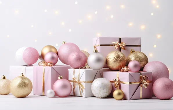 Decoration, balls, New Year, Christmas, gifts, golden, new year, Christmas
