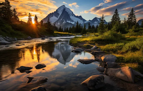 Wallpaper river, sky, trees, nature, sunset, water, mountains, clouds ...