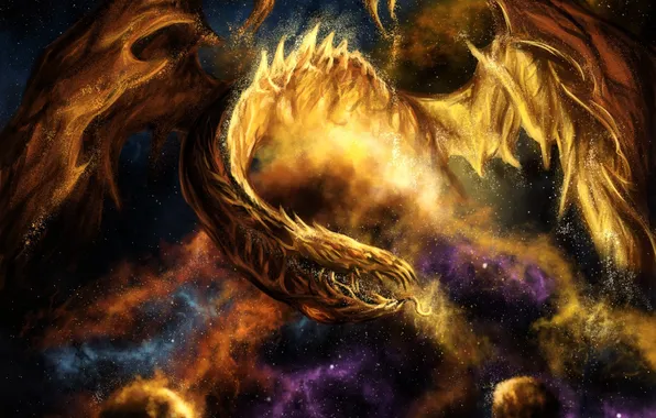 Space, stars, dragon, art, planet. nebula