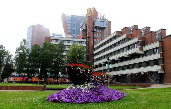 Picture GRASS, SHIP, GREENS, FLOWERS, The BUILDING, GREEN, LAWN, FLOWERBED