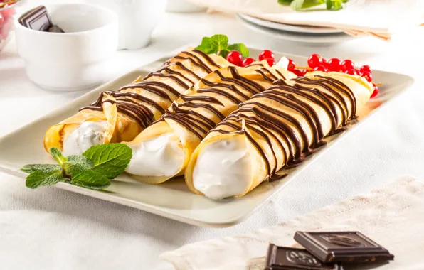 Chocolate, pancakes, mint, cream, tube