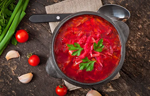 Bow, tomatoes, soup, garlic