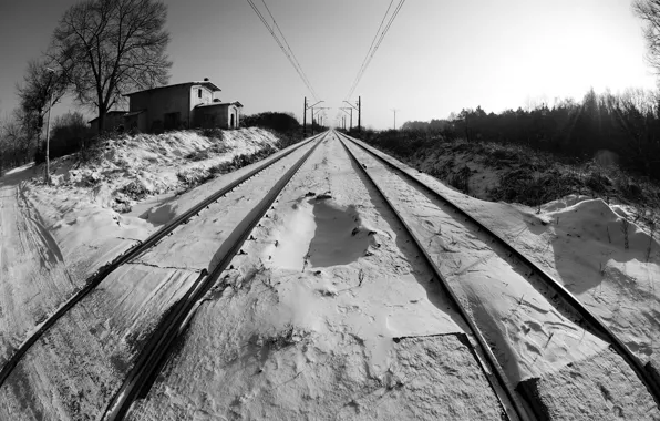 Winter, snow, perspective, black and white, railroad