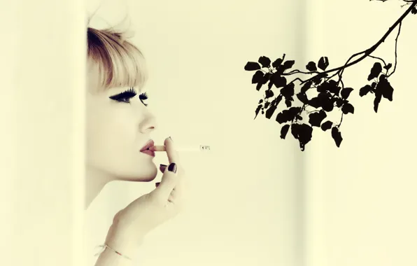Picture girl, mood, branch, cigarette, lipstick, Ozge Aslan, I Can`t Smoke
