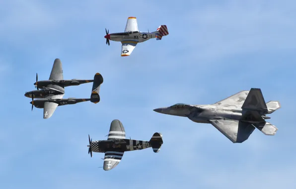 Picture flight, Mustang, P-51, Lightning, Thunderbolt, F-22 Raptor, P-38, P47