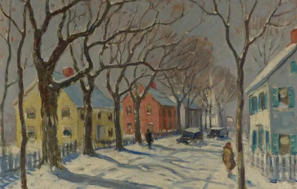 Winter, trees, street, home, picture, the urban landscape, Guy Carleton Wiggins, Guy Wiggins