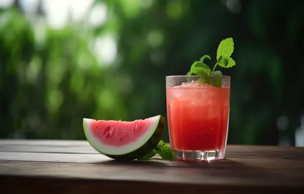 Glass, table, ice, watermelon, juice, cocktail, mint, digital art