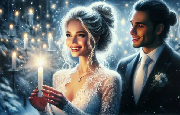 Winter, look, girl, snow, love, joy, night, smile