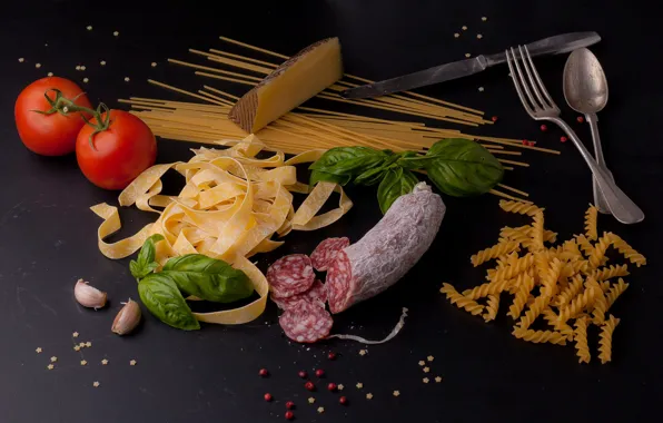 Tomatoes, sausage, pasta, Cutlery, Basil