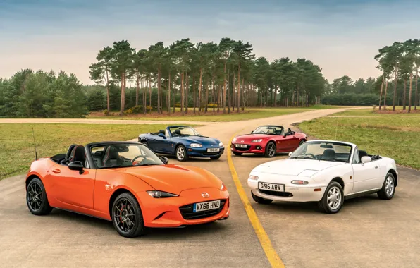 Wallpaper Mazda, MX-5, on the road, roadsters, four generations