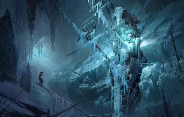 Winter, ship, sailboat, art, Tomb Raider, Lara Croft, Rise of the Tomb Raider, Yohann Schepacz