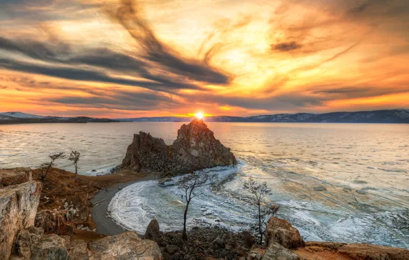 Water, the sun, lake, sunrise, stones, mountain, Baikal, Russia