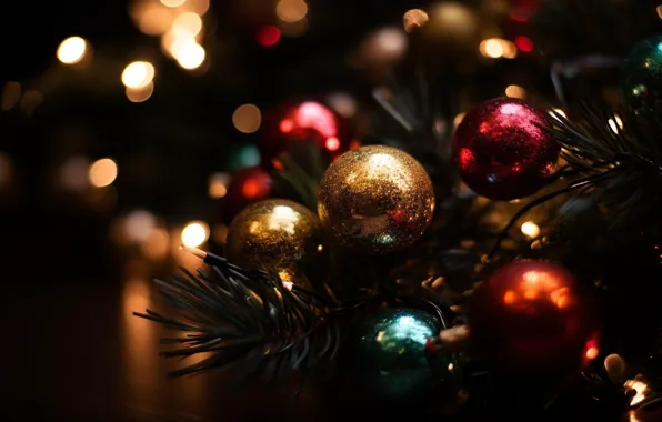 Balls, night, branches, lights, darkness, the dark background, balls, Christmas