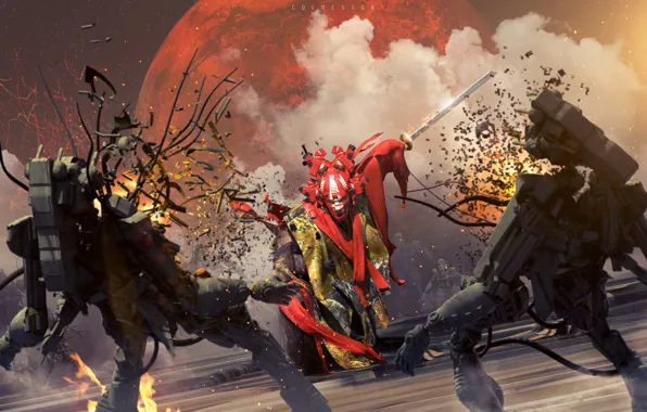 Planet, sword, robots, fight, the one