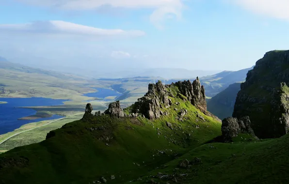 Picture greens, mountains, lake, rocks, view, height