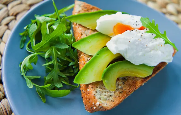 Picture eggs, Breakfast, bread, avocado, arugula