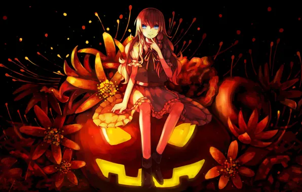 Girl, flowers, holiday, anime, art, pumpkin, halloween, touhou