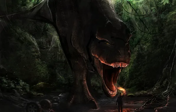 Picture forest, fire, danger, people, dinosaur, art, mouth, torch