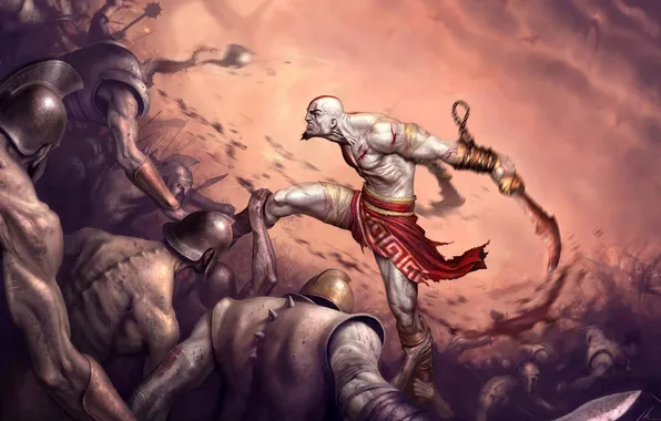 Picture The game, warrior, art, battle, God of war, Kratos, swords, God of War