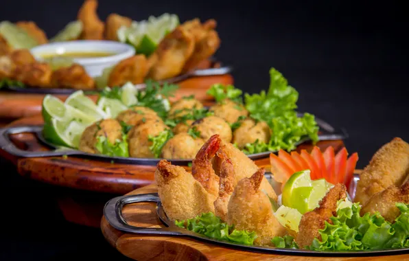 Greens, lime, tomatoes, shrimp, appetizer