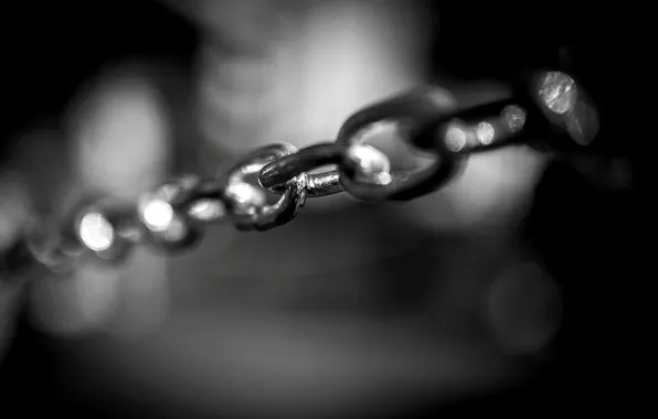 Macro, blur, chain, black and white, metal, links