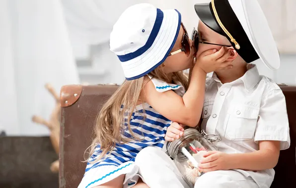 Picture children, each, tenderness, kiss, hat, boy, glasses, girl