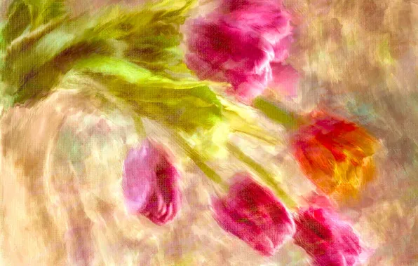 Flowers, paint, tulips, canvas