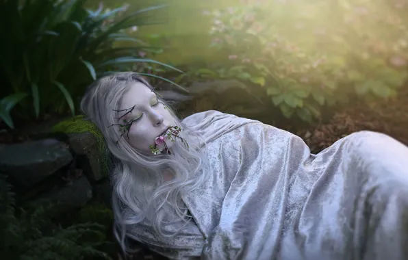Girl, flowers, branches, blanket, lies, dead, albino, closed eyes