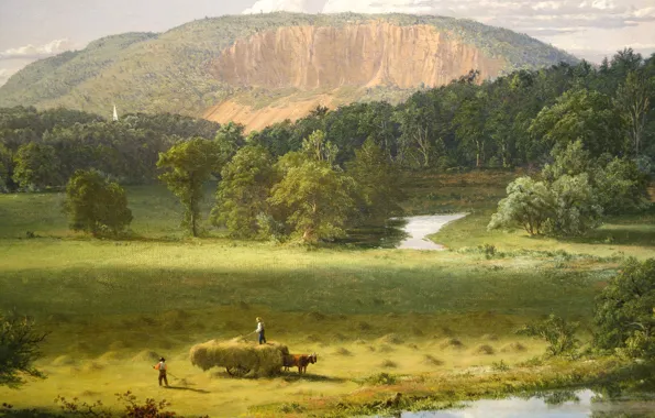 Landscape, river, mountain, picture, hay, wagon, West Rock. New Haven, Frederic Edwin Church