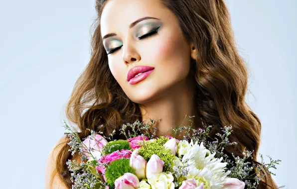 Picture girl, flowers, background, portrait, roses, bouquet, makeup, hairstyle