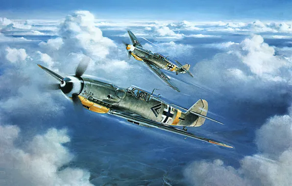 Picture aviation, ww2, airplane, bf-109, art, messerschmitt