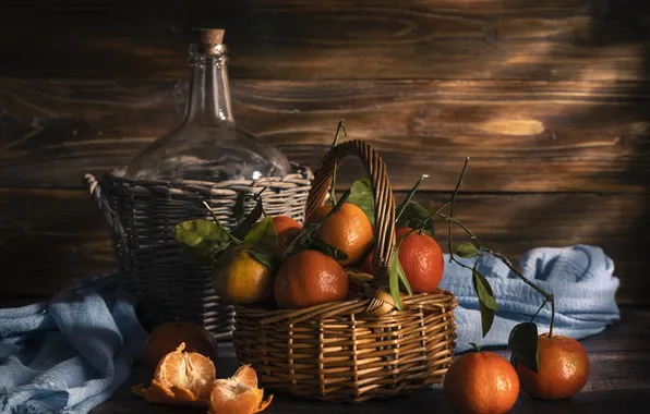 Bottle, still life, basket, tangerines