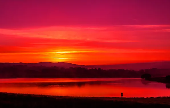 The sky, trees, sunset, mountains, lake, glow