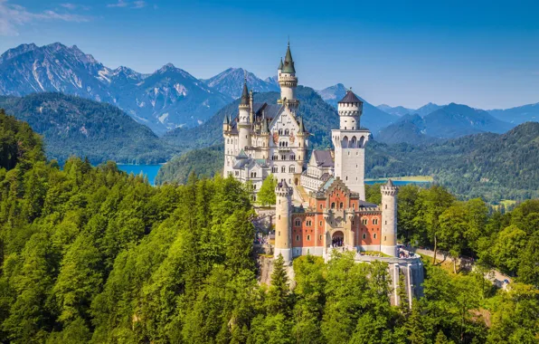 Picture trees, mountains, castle, Germany, Neuschwanstein, Germany