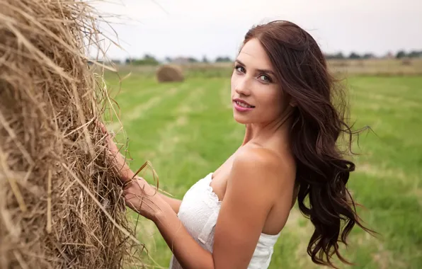 Nature, white dress, Brown Eyes, straw, Farm, Beatiful, Niemira, Brown hair