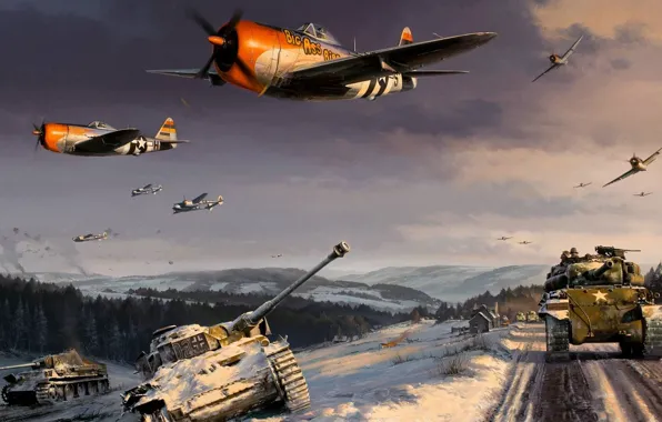Picture figure, art, Lightning, Thunderbolt, World War II, Sherman, P38, the battle for the Ardennes