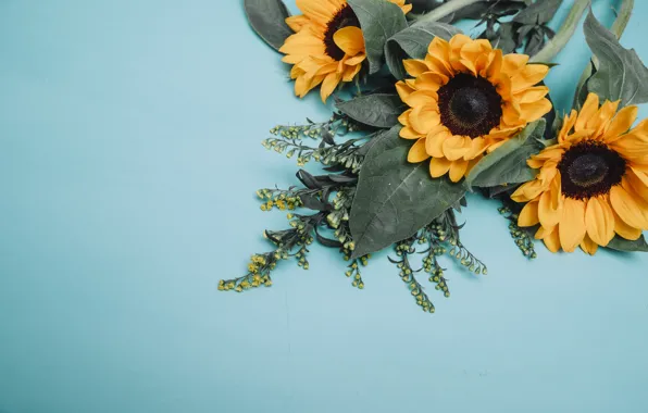 Greens, flowers, sunflower, bouquet