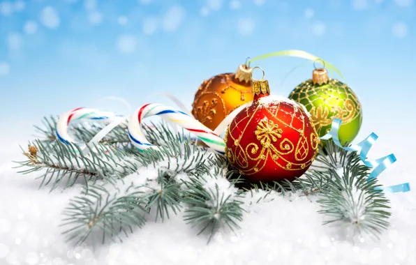 Snow, decoration, needles, balls, new year, Christmas, branch, Lollipop