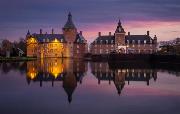 Picture lights, pond, castle, Germany, Castle Anholt