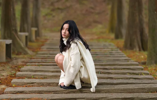Look, Asian, Pose, Brunette, Sweater, Sitting