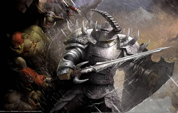 Picture rain, sword, warrior, horns, battle, orcs, armor, hellbreed