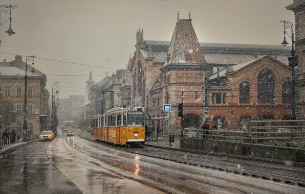 Snow, building, home, tram, Hungary, Budapest, Budapest
