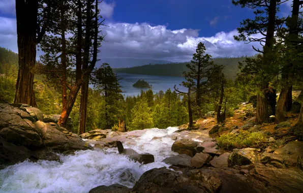 Trees, landscape, mountains, nature, lake, stones, waterfall, USA