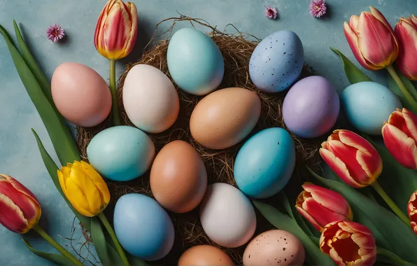Flowers, holiday, eggs, spring, Easter, socket, tulips, colorful
