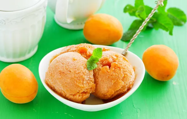 Balls, ice cream, mint, apricots
