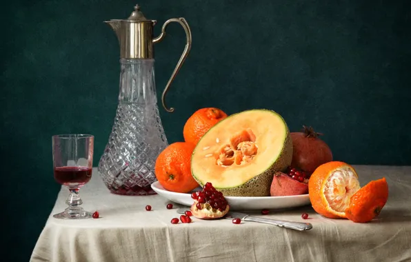 Table, wine, glass, fruit, still life, grenades, melon, tangerines